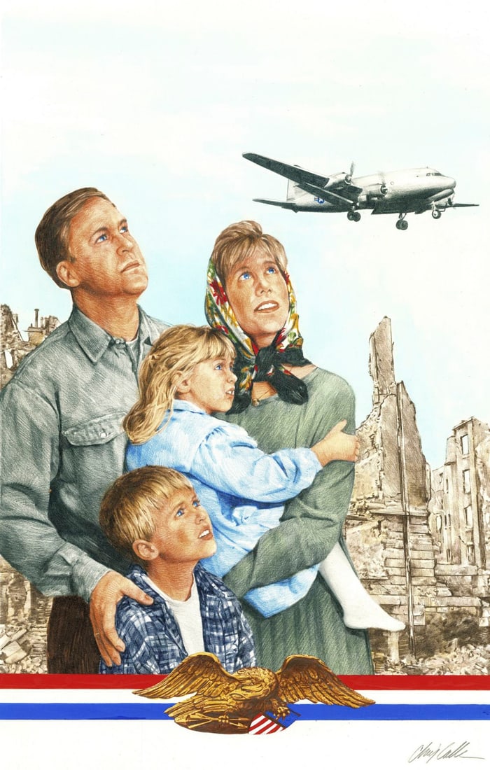 Chris Calle (CT,b 1961) colored pencil painting: ARTIST: Chris Calle (Connecticut, born 1961) TITLE: Berlin Airlift (titled on verso) YEAR: 1988 MEDIUM: colored pencil on board CONDITION: Minor damages
