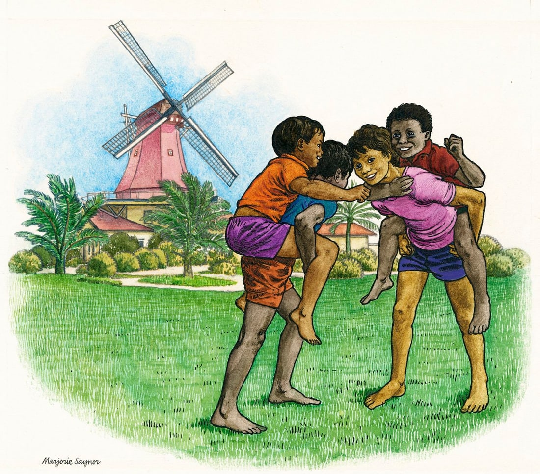 Marjorie Saynor (UK,1924-2012) watercolor painting: ARTIST: Marjorie Saynor (United Kingdom, 1924 - 2012) TITLE: Children Playing, Netherlands YEAR: 1979 MEDIUM: watercolor on board CONDITION: Very good.