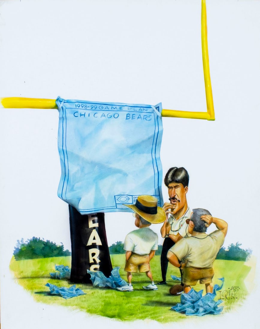 Gary Locke (MO,b 1963) gouache painting: ARTIST: Gary Locke (Missouri, born 1963) TITLE: Dave Wannstedt and Owners MEDIUM: gouache and watercolor on board CONDITION: Minor damages to corners. ART SIZE:</