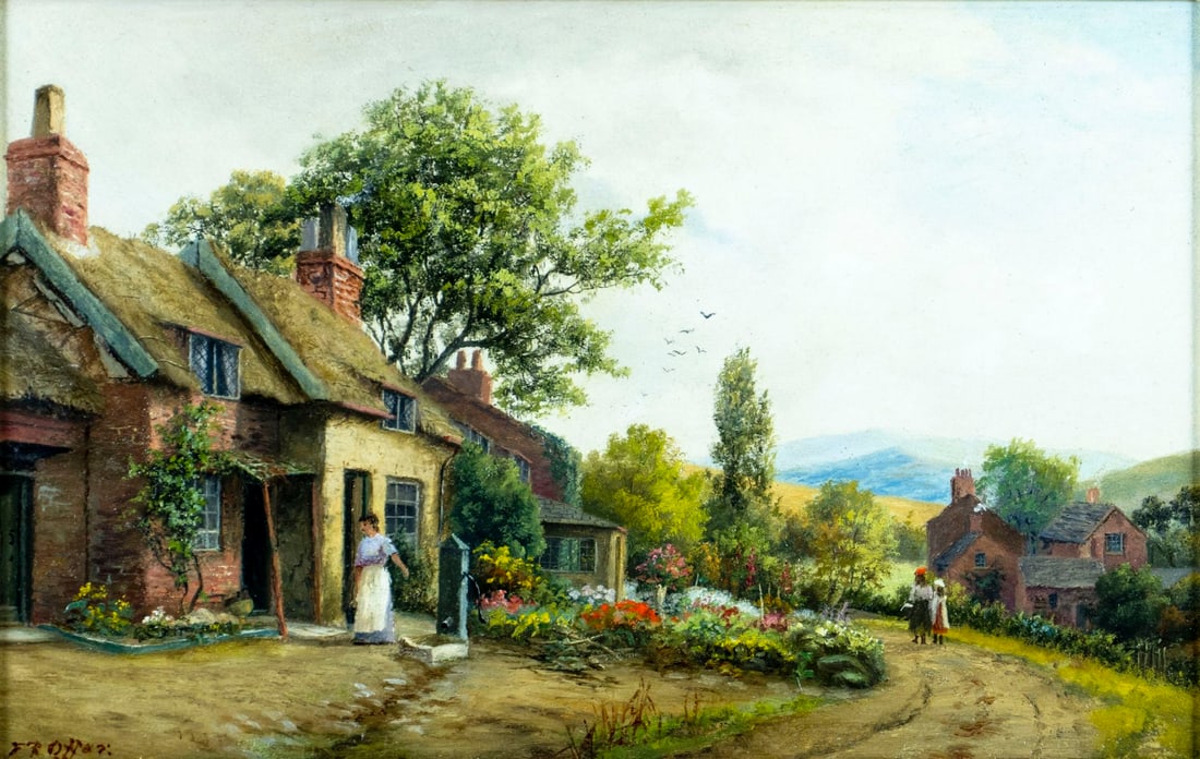 Frank Rawlings Offer (UK,1847-1932) oil painting antique: ARTIST: Frank Rawlings Offer (United Kingdom, 1847 - 1932) TITLE: Village Scene MEDIUM: oil on board CONDITION: Overall good. No visible inpaint under UV light. Wear to fr