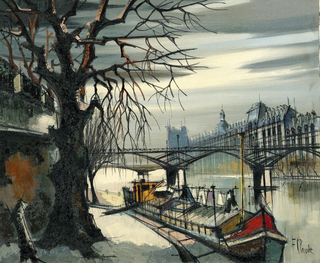 F Claude (France,20C) oil painting: ARTIST: F Claude (French, 20 century) TITLE: Paris Cityscape MEDIUM: oil on canvas CONDITION: Unstretched (In-House stretching available). Overall good. No visible inpaint u