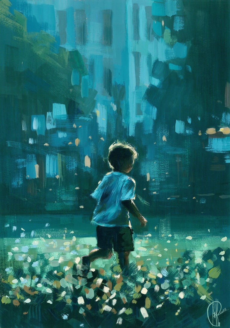 Ivanna Kotulych (Ukraine,20/21C) acrylic painting: ARTIST: Ivanna Kotulych (Ukrainian, 20/21 centuries) TITLE: Landscape with Boy MEDIUM: acrylic on heavy paper CONDITION: Very good. ART SIZE: 12 x 8 inch