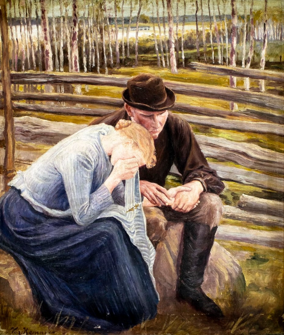 Vilhelm Kemner (German,early 20C) oil painting antique: ARTIST: Vilhelm Kemner (Germany, early 20 century) TITLE: Grieving Couple MEDIUM: oil on canvas CONDITION: One patch. Some paint losses. Minor craquelure. No visible inpaint