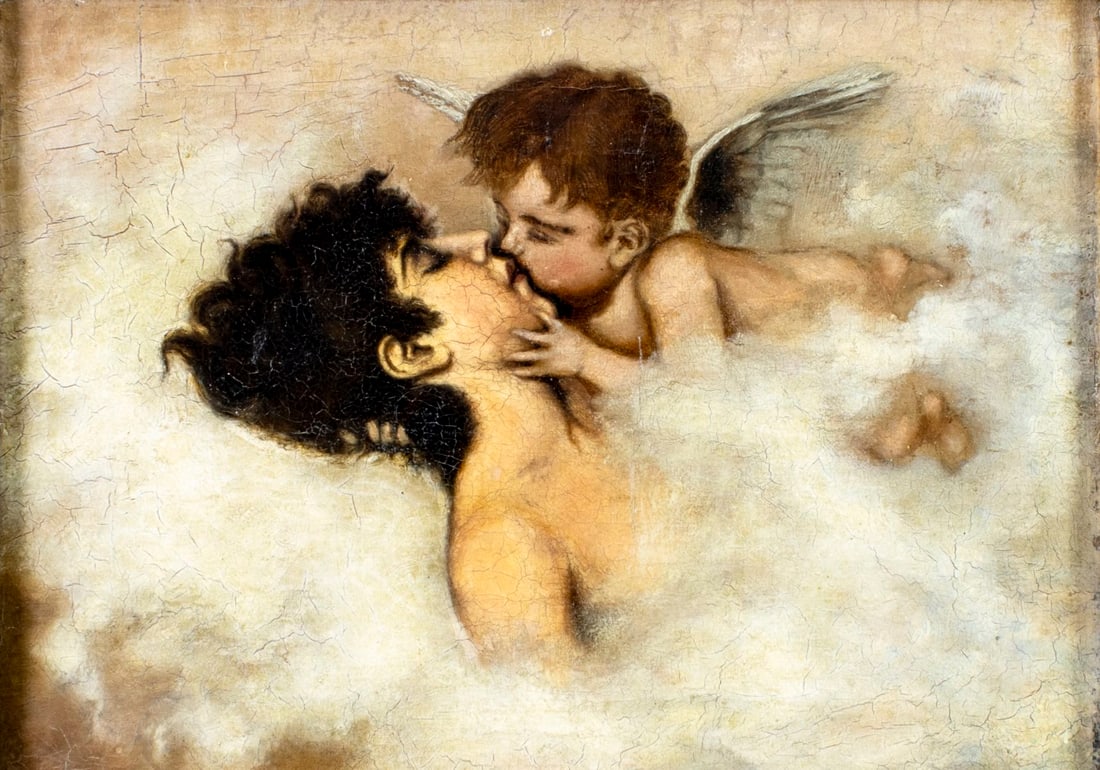 Antique 19C European oil painting: ARTIST: - (Europe, 19 century) TITLE: Cupid Kissing Venus MEDIUM: oil on canvas CONDITION: Relined. Few small paint losses. Some craquelure. No visible inpaint under UV li