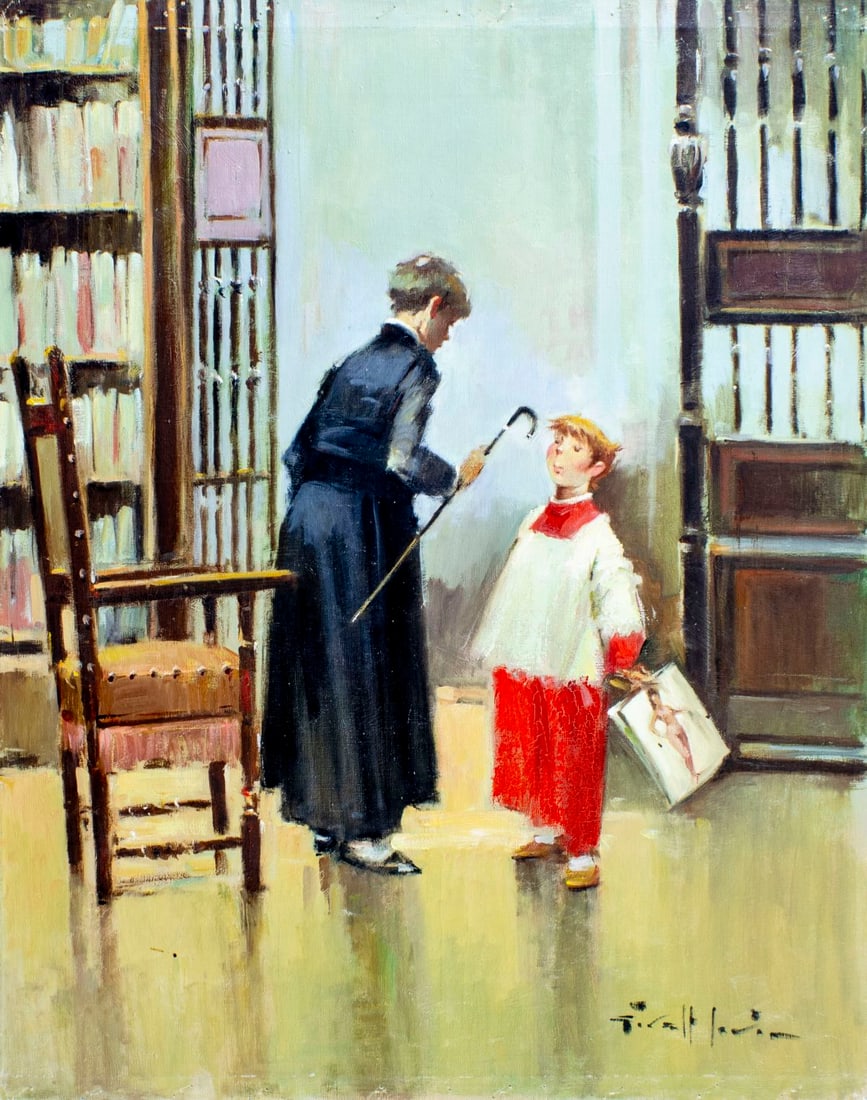 Joan Giralt Lerin (Spain,1907-?) oil painting: ARTIST: Joan Giralt Lerin (Spanish, 1907 - ???) TITLE: Interior Scene MEDIUM: oil on canvas CONDITION: Unstretched (In-House stretching available). Some paint losses along