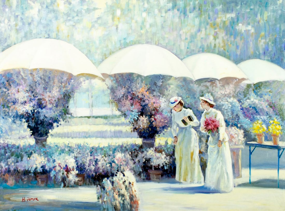 Peter Ho (US,b 1953) oil painting: ARTIST: Peter Ho (American, born 1953) TITLE: Ladies at Promenade MEDIUM: oil on canvas CONDITION: Unstretched (In-House stretching available). Few minor paint losses. No vi