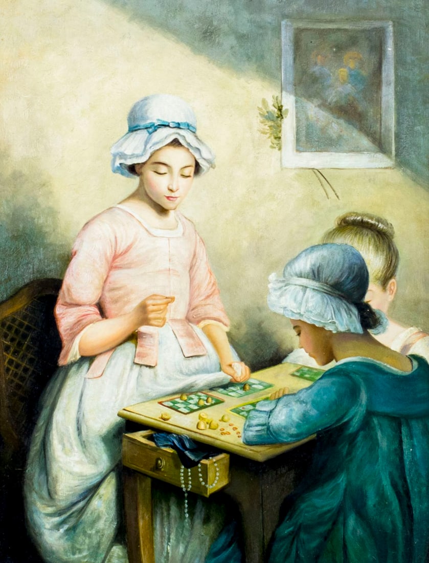 Antique early 20C European oil painting: ARTIST: - (Europe, early 20 century) NAME: Girls Playing MEDIUM: oil on board CONDITION: Missing few flakes of paint. No visible inpaint under UV light. Wear to frame. SIGHT SIZE: 20 x 15