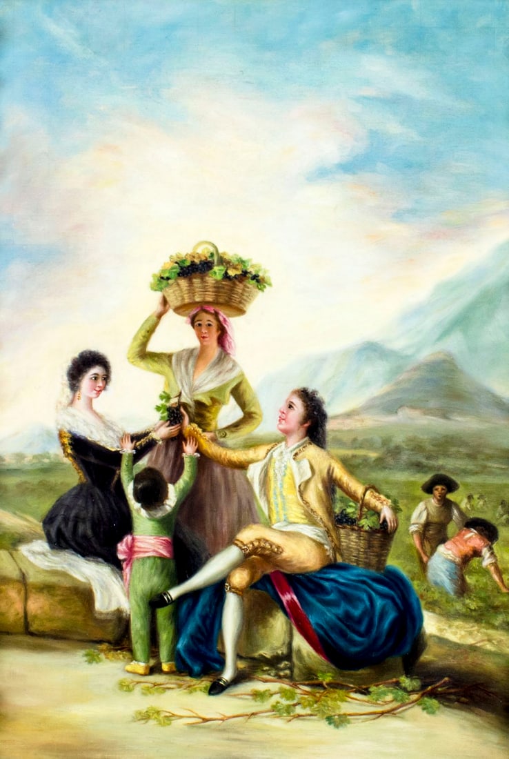 Antique 19C Spanish oil painting after de Goya: ARTIST: - (Spain, 19/20 century) AFTER Francesco de Goya NAME: The Vintage MEDIUM: oil on canvas CONDITION: Some craquelure. Some small scattered inpaintings/touch ups. SIGHT SIZE: 34 x 2