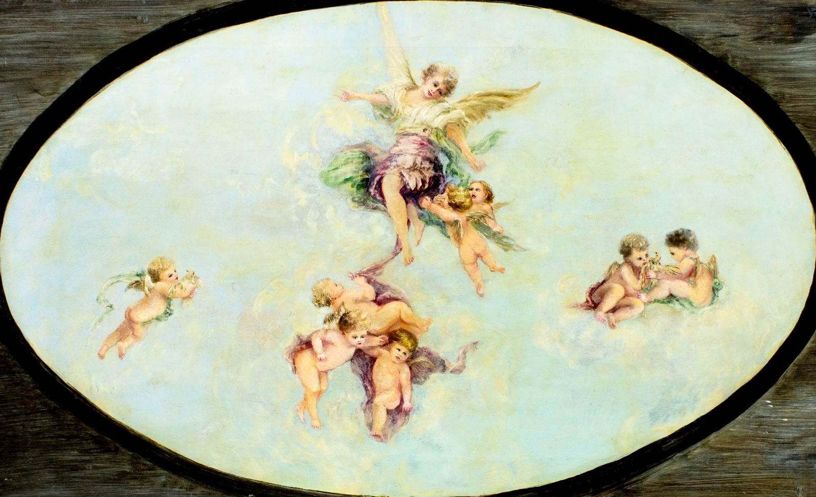 Antique 19C British oil painting: ARTIST: - (United Kingdom, 19 century) TITLE: Cherubs MEDIUM: oil on canvas CONDITION: Few repaired punctures. Some damages to the corners of canvas. Few small scratches/p