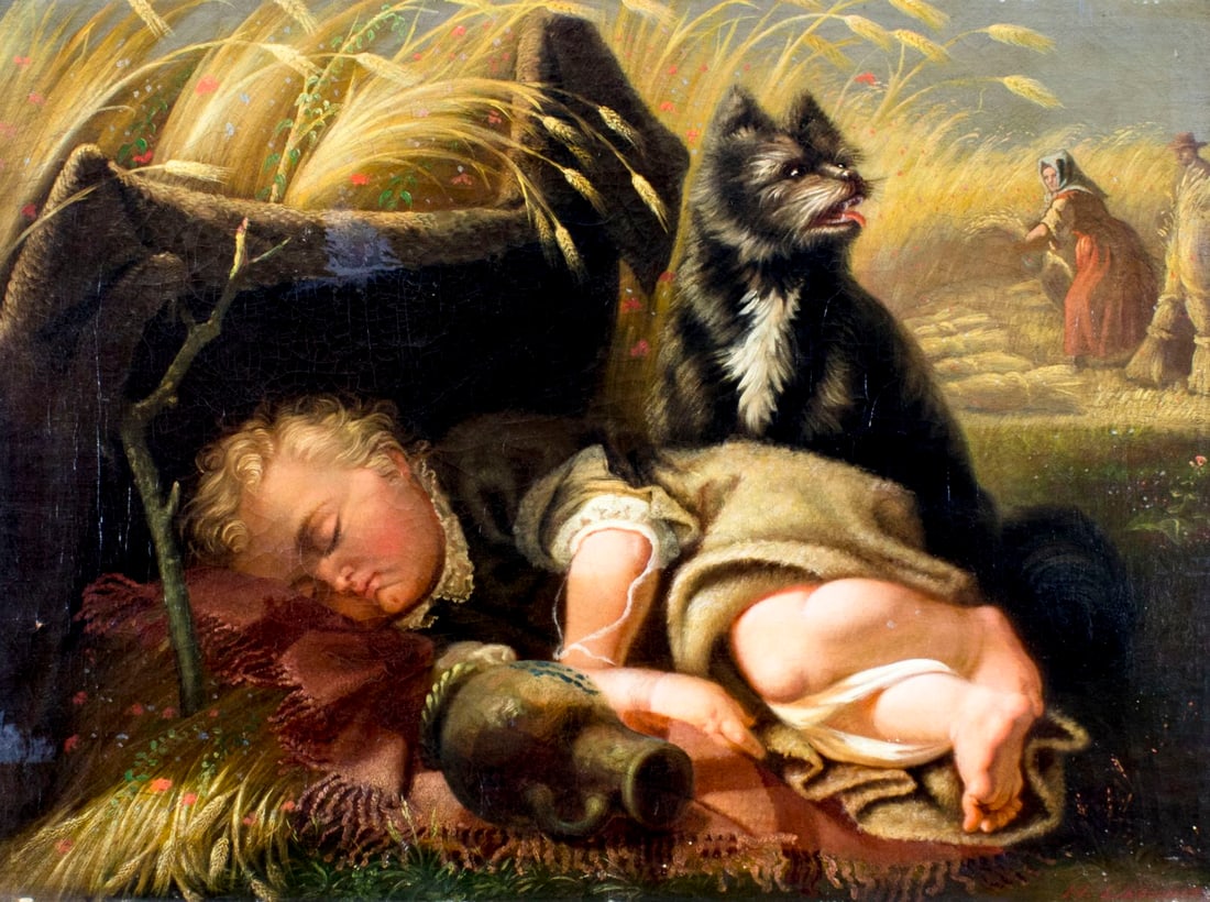 H Lachnit (German,19C) oil painting antique: ARTIST: H Lachnit (German, 19 century) TITLE: Sleeping Child MEDIUM: oil on canvas CONDITION: Few small paint losses mostly along esges. Some craquelure. One inpainted area