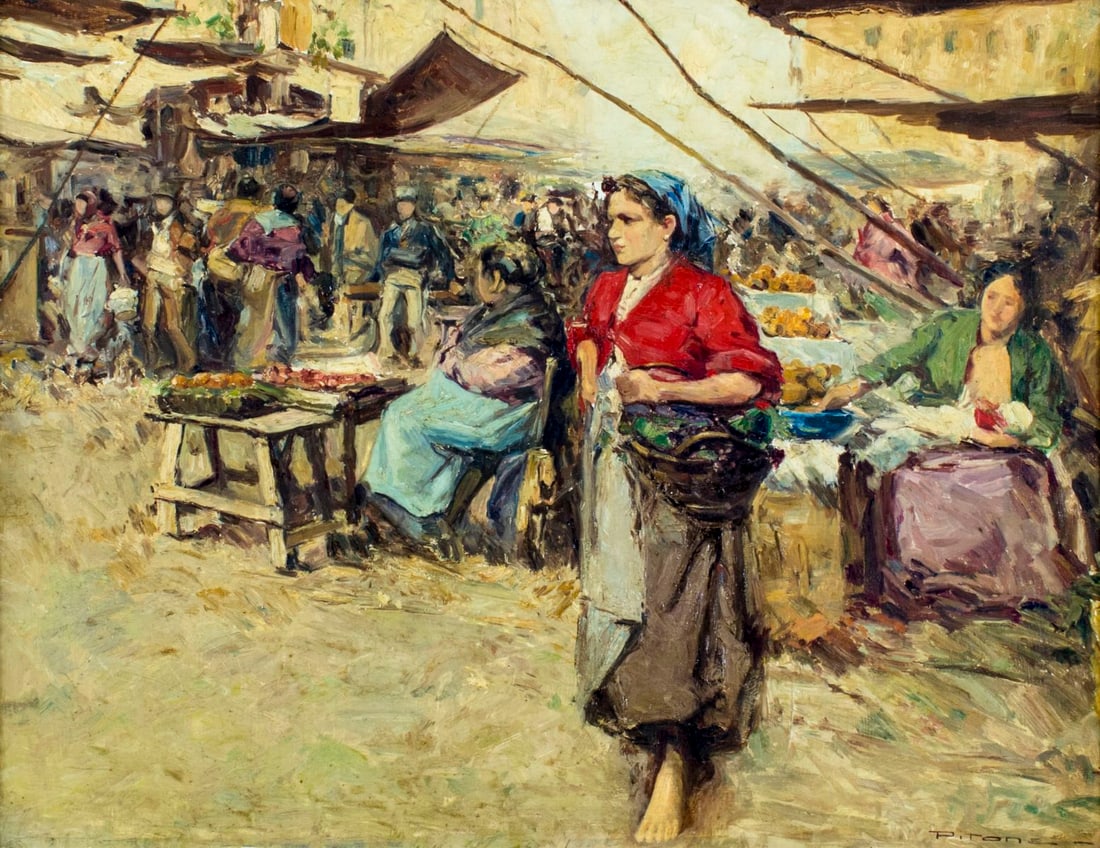 Pitone (Italy,mid 20C) oil painting: ARTIST: Pitone (Italian, mid 20 century) NAME: Market Scene MEDIUM: oil on canvas CONDITION: Minor craquelure. No visible inpaint under UV light. Minor damages to frame. SIGHT SIZE: 20 x