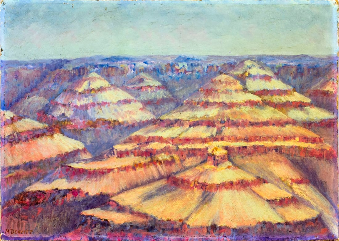 M Deavitt (US,20C) oil painting: ARTIST: M Deavitt (American, 20 century) NAME: Mountain Landscape MEDIUM: oil on board CONDITION: One corner of the board is warped. Minor craquelure. No visible inpaint under UV light. S