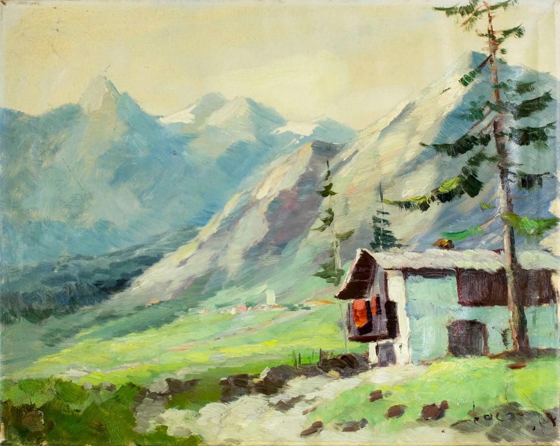Vintage 20C European oil painting: ARTIST: - (Europe, 20 century) NAME: Mountain Landscape with Chalet MEDIUM: oil on canvas CONDITION: Canvas is loose. Missing few flakes of paint. No visible inpaint under UV light. SIGHT