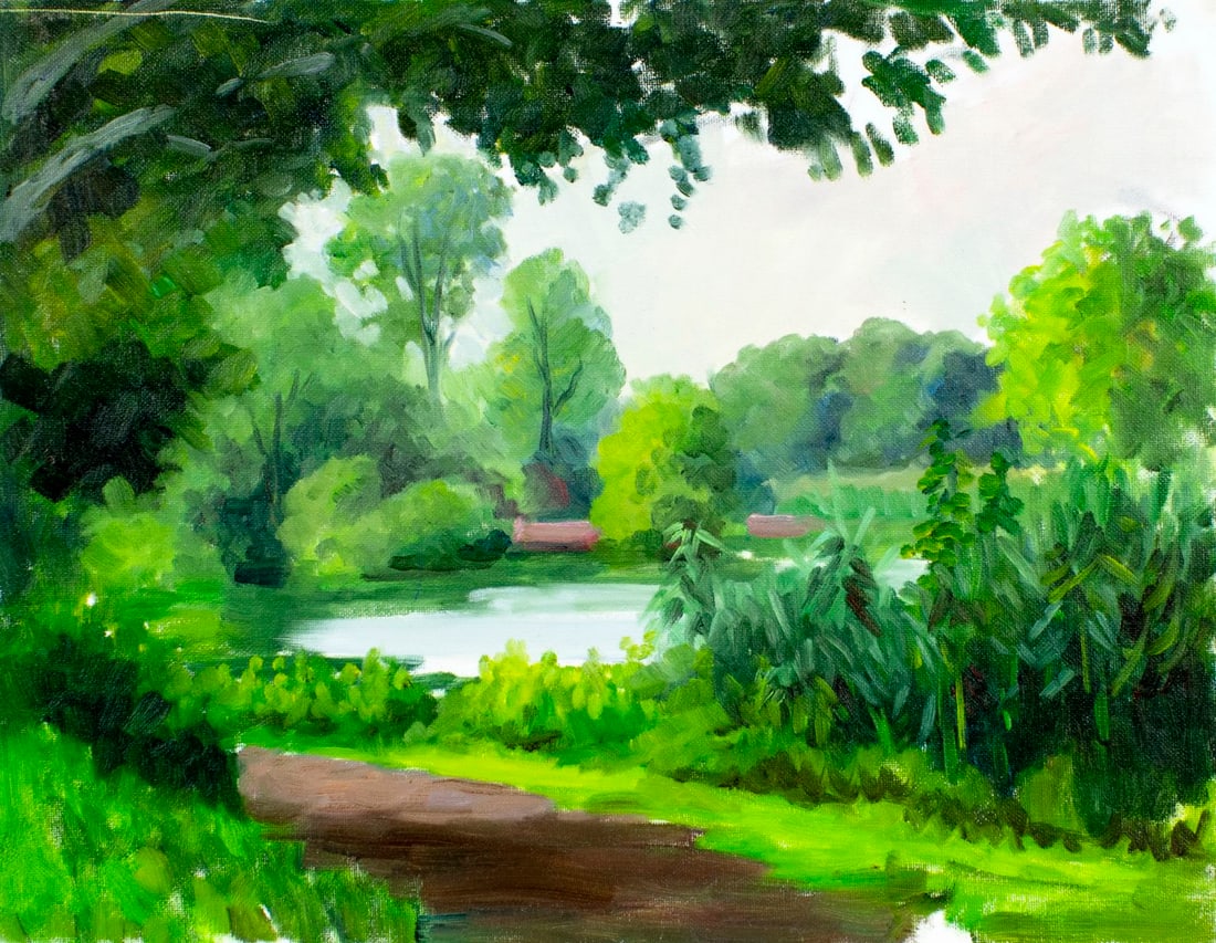 George Holloway (NJ,20C) oil painting: ARTIST: George Holloway (New Jersey, 20 century) TITLE: Pond Landscape MEDIUM: oil on canvas board CONDITION: One scratch by the upper edge. No visible inpaint under UV ligh