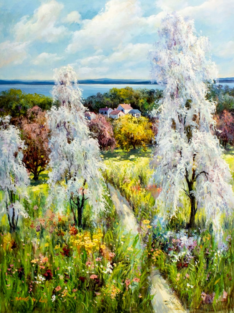 Sang M Lee (South Korea,US,b 1949) oil painting: ARTIST: Sang M Lee (South Korean, American, born 1949) TITLE: Coastal Village Landscape MEDIUM: oil on canvas CONDITION: Unstretched (In-House stretching available). Very go