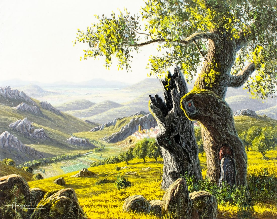 S Arnaldo (Europe,20C) oil painting: ARTIST: S Arnaldo (European, 20 century) TITLE: Hilly Landscape MEDIUM: oil on canvas CONDITION: Unstretched (In-House stretching available). Few small paint losses mostly a