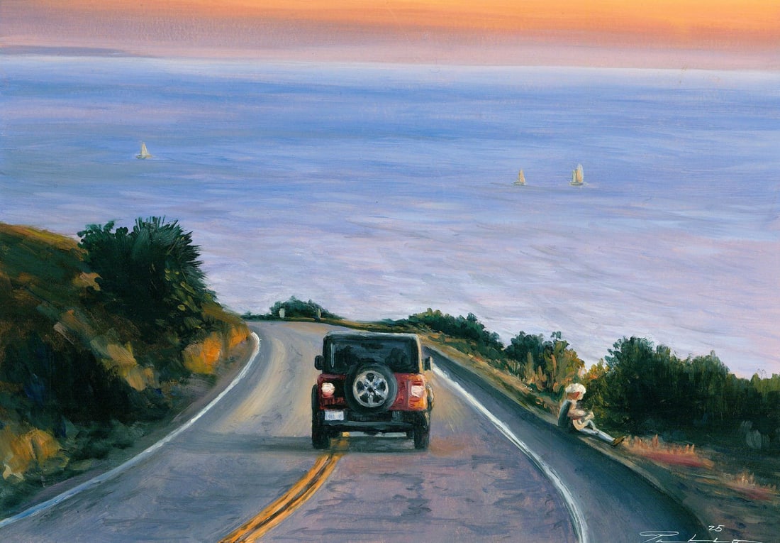 Oleksandr Pukhno (Ukraine,20/21C) acrylic painting: ARTIST: Oleksandr Pukhno (Ukrainian, 20/21 centuries) TITLE: Coastal Road Landscape with Car MEDIUM: acrylic on heavy paper CONDITION: Very good. No visible inpaint under UV