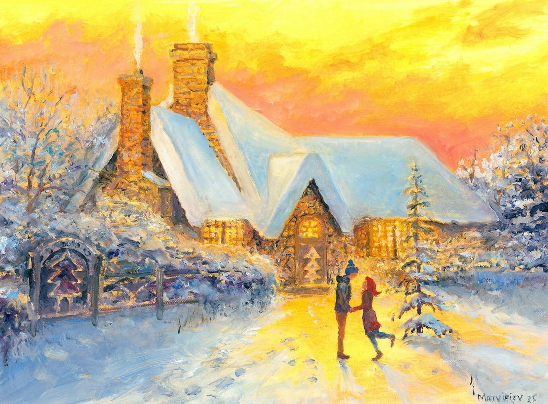 Andriy Matveiev (Ukraine,b 1988) oil painting: ARTIST: Andriy Matveiev (Ukrainian, born 1988) TITLE: Sunset Winter Village Landscape with Couple MEDIUM: oil on heavy paper CONDITION: Very good. No visible inpaint under U