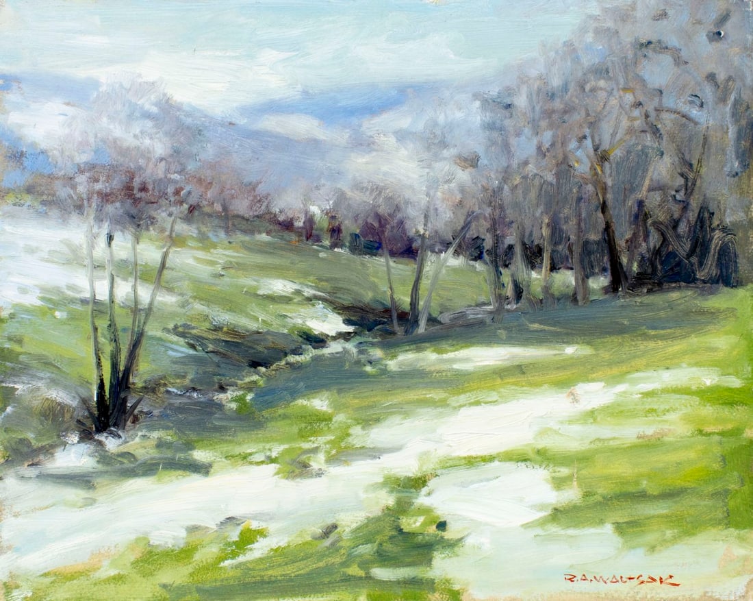 Robert Waltsak (NJ,b 1944) oil painting: ARTIST: Robert Alan Waltsak (New Jersey, born 1944) TITLE: Winter Hilly Landscape MEDIUM: oil on board CONDITION: Few minor paint losses. No visible inpaint under UV light.<