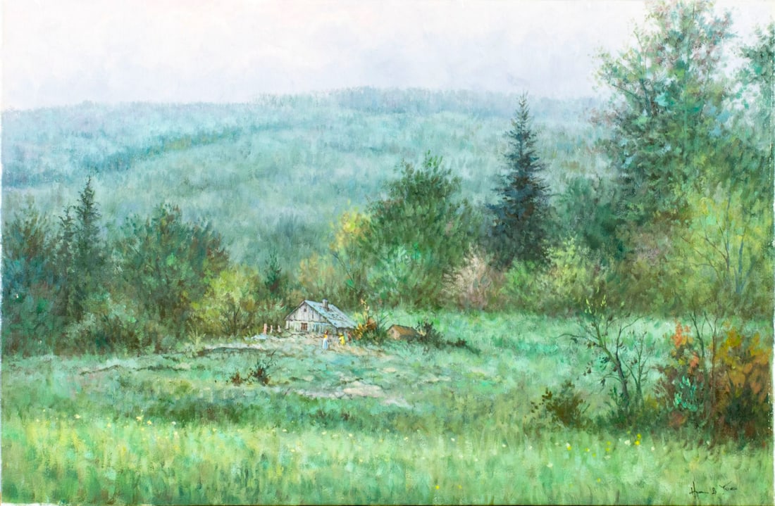 Hyun Bo Yoo (US,Korea,b 1946) oil painting: ARTIST: Hyun Bo Yoo (American, Korean, born 1946) NAME: Landscape with Cottage MEDIUM: oil on canvas CONDITION: Restretched. Missing a few flakes of paint. No visible inpaint under UV light.