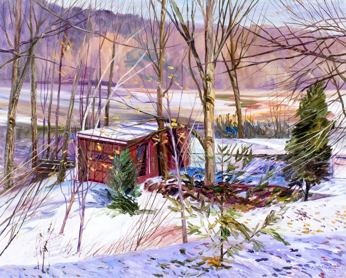 E J Hartmann (NJ,20/21C) oil painting: ARTIST: E J Hartmann (New Jersey, 20/21 centuries) TITLE: Winter Forest Landscape with Old Cabin YEAR: 1985 MEDIUM: oil on canvas CONDITION: Few minor pa