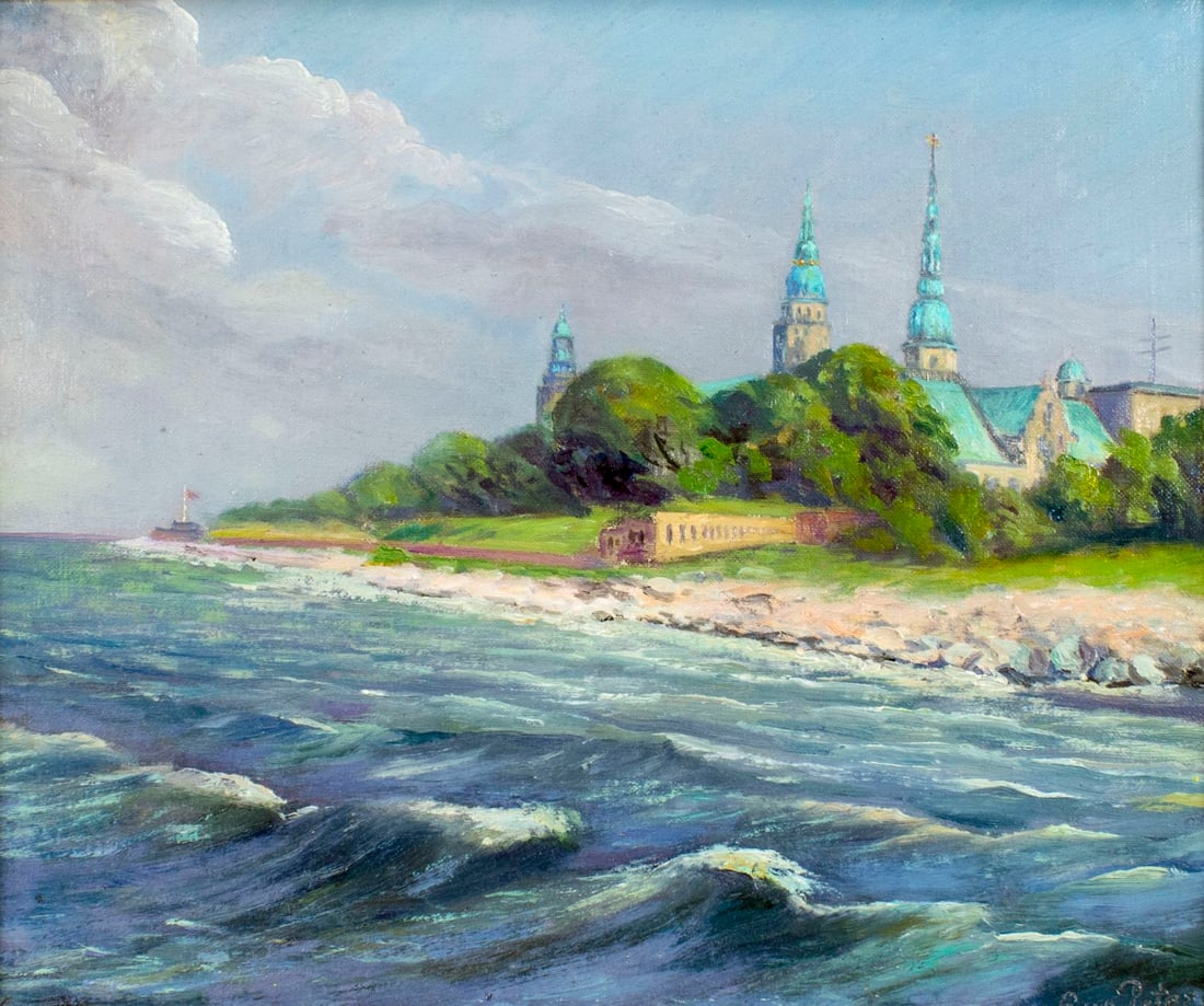 August Petersen (US,mid 20C) oil painting: ARTIST: August Petersen (American, mid 20 century) NAME: Coastal Landscape MEDIUM: oil on canvas CONDITION: Very good. Few very small scattered inpaintings/touch ups. SIGHT SIZE: 16 x 20