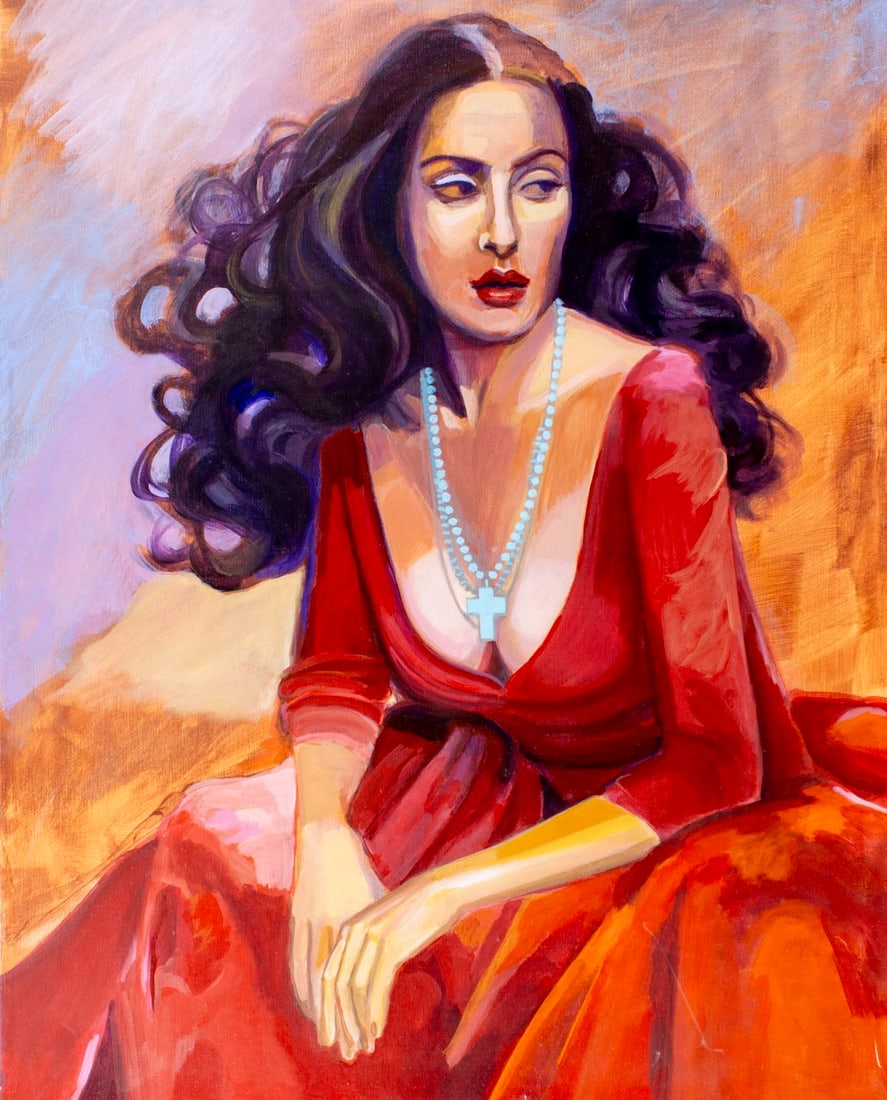 Lisa Homan-Conger (NM,20C) oil painting: ARTIST: Lisa Homan - Conger (New Mexico, 20 century) TITLE: Portrait of Woman in Red Dress MEDIUM: oil on canvas CONDITION: Minor scratches/paint losses. No visible inpaint