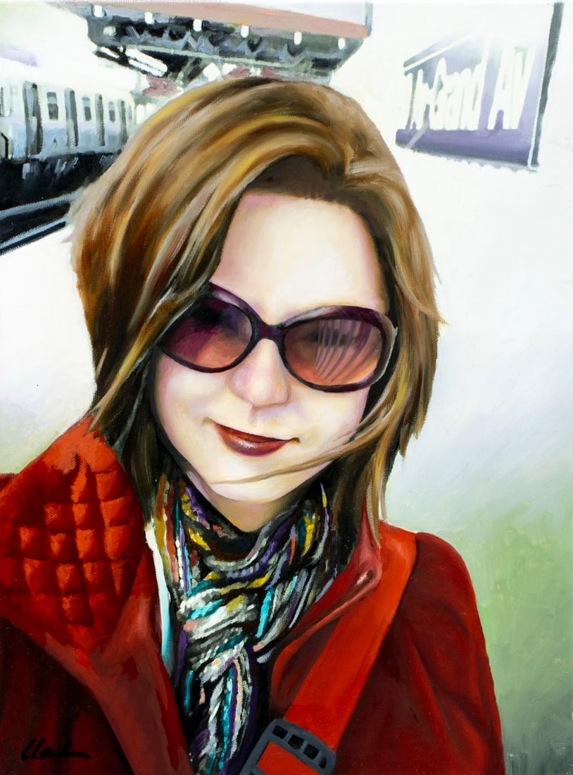 David Clark (US,20/21C) oil painting: ARTIST: David Clark (American, 20/21 centuries) TITLE: Portrait of Marie in Manhattan, NY MEDIUM: oil on canvas CONDITION: Few very minor paint losses by the lower right cor