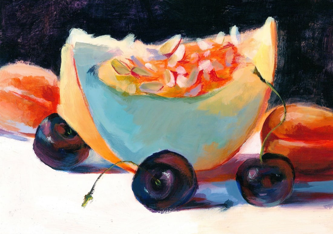 Polina Zarubenko (Ukraine,20/21C) gouache painting: ARTIST: Polina Zarubenko (Ukrainian, 20/21 centuries) TITLE: Still Life with Fruits MEDIUM: gouache on heavy paper CONDITION: Very good. ART SIZE: 8 x 12