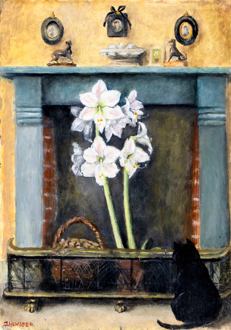 J Hensser (Europe,mid 20C) oil painting: ARTIST: J Hensser (European, mid 20 century) TITLE: Still Life with Flowers MEDIUM: oil on board CONDITION: Few minor scratches/paint losses mostly along edges. No visible i
