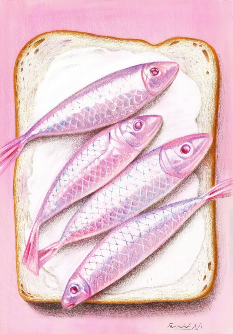 Anastasia Ferenchuk (Ukraine,20/21C) mixed media painting: ARTIST: Anastasia Ferenchuk (Ukrainian, 20/21 centuries) TITLE: Still Life with Sprat Fish MEDIUM: mixed media on heavy paper CONDITION: Very good. ART SIZE: