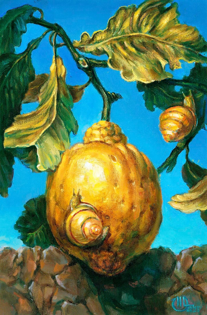 Olena Horbenko (Ukraine,20/21C) acrylic painting: ARTIST: Olena Horbenko (Ukrainian, 20/21 centuries) TITLE: Still Life with Snails and Pear MEDIUM: acrylic on heavy paper CONDITION: Very good. ART SIZE: