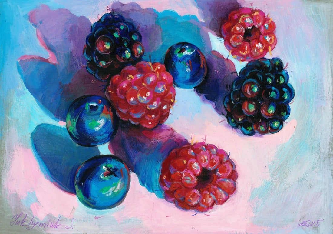 Svetlana Yukhymiuk (Ukraine,20/21C) acrylic painting: ARTIST: Svetlana Yukhymiuk (Ukrainian, 20/21 centuries) TITLE: Still Life with Berries MEDIUM: acrylic on heavy paper CONDITION: Very good. ART SIZE: 8 x