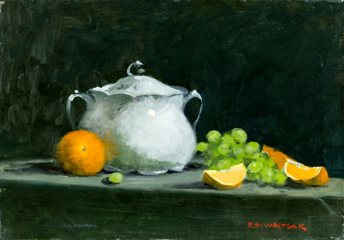 Robert Waltsak (NJ,b 1944) oil painting: ARTIST: Robert Alan Waltsak (New Jersey, born 1944) TITLE: Still Life with Fruit MEDIUM: oil on canvas CONDITION: Few small scratches/paint losses mostly along edges. No vis