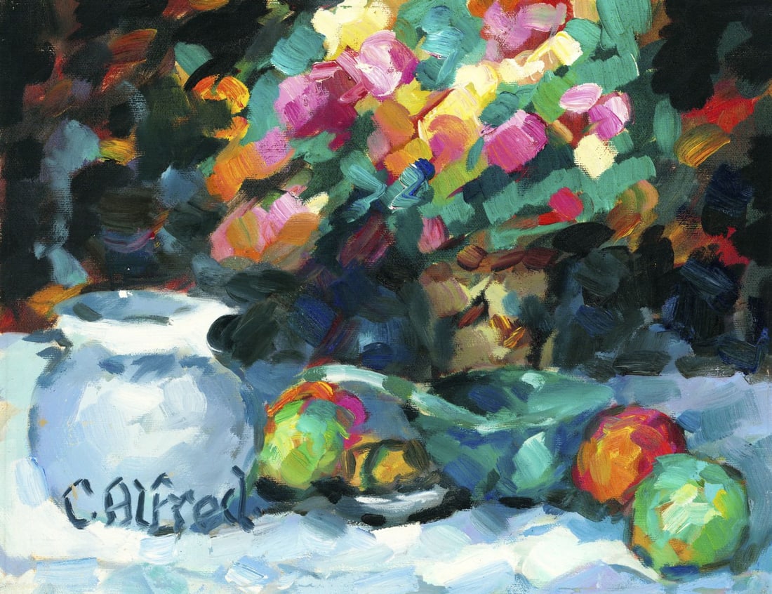 Lisandro Baylon (Argentina,US,1951-?) oil painting: ARTIST: Lisandro Lopez Baylon (Argentinean, American, 1951 - ???) TITLE: Still Life with Fruit and Vase of Flowers MEDIUM: oil on canvas CONDITION: Unstretched (In-House s