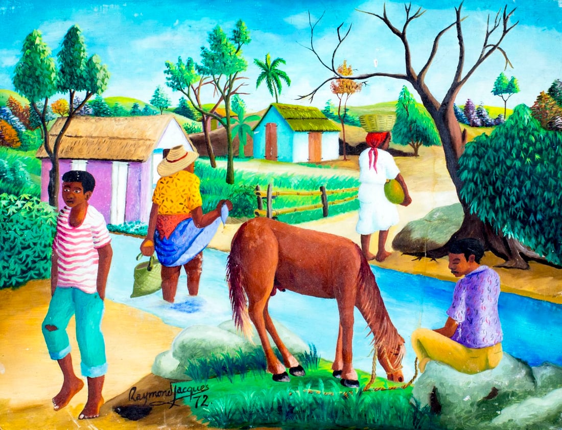 Raymond Jacques (Haiti,20C) oil painting: ARTIST: Raymond Jacques (Haitian, 20 century) TITLE: Haitian Village Scene YEAR: 1972 MEDIUM: oil on board CONDITION: Few minor scratches/paint losses. N