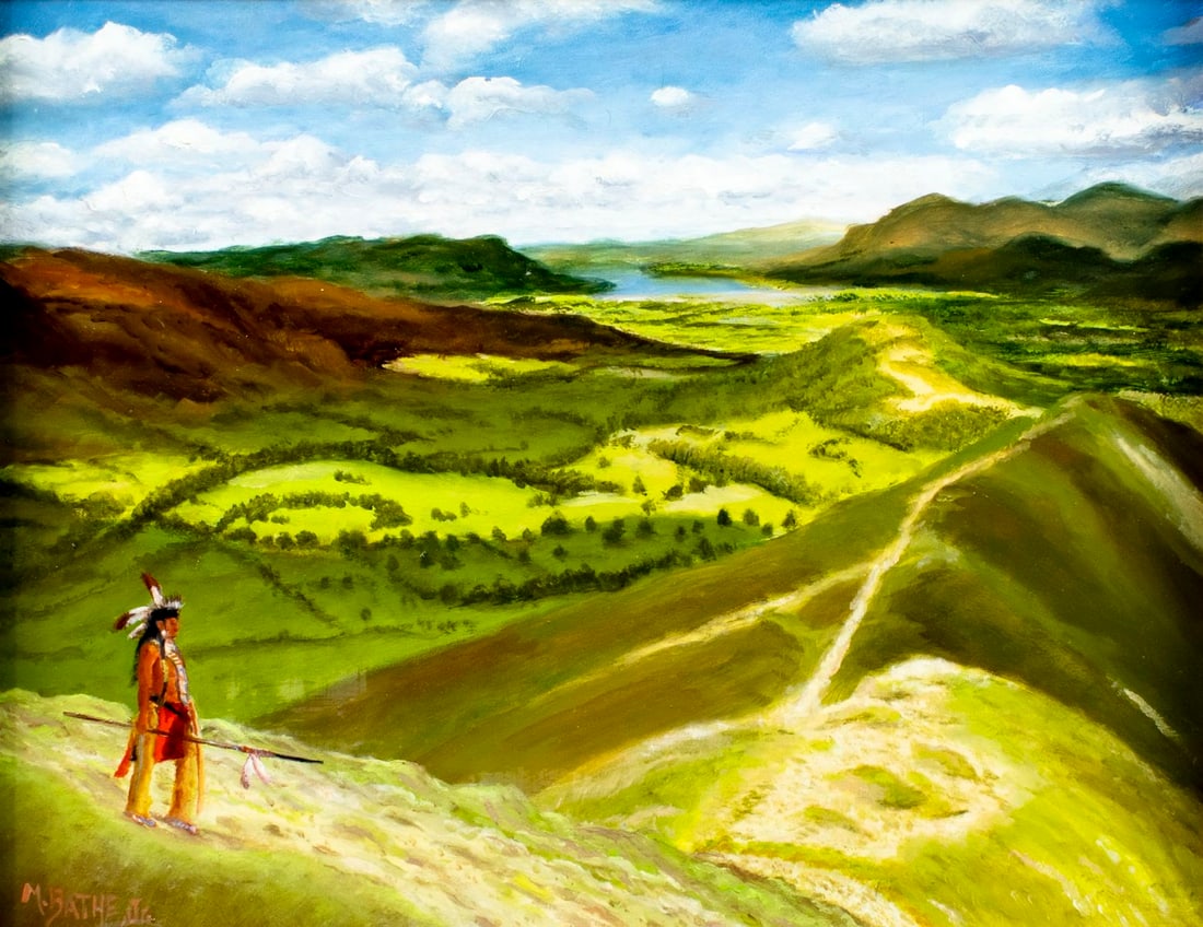 M Bathe Jr (US,20C) oil painting: ARTIST: M Bathe Jr (American, 20 century) TITLE: Hilly Landscape with Indian Man MEDIUM: oil on board CONDITION: Very good. No visible inpaint under UV light. Wear to frame.