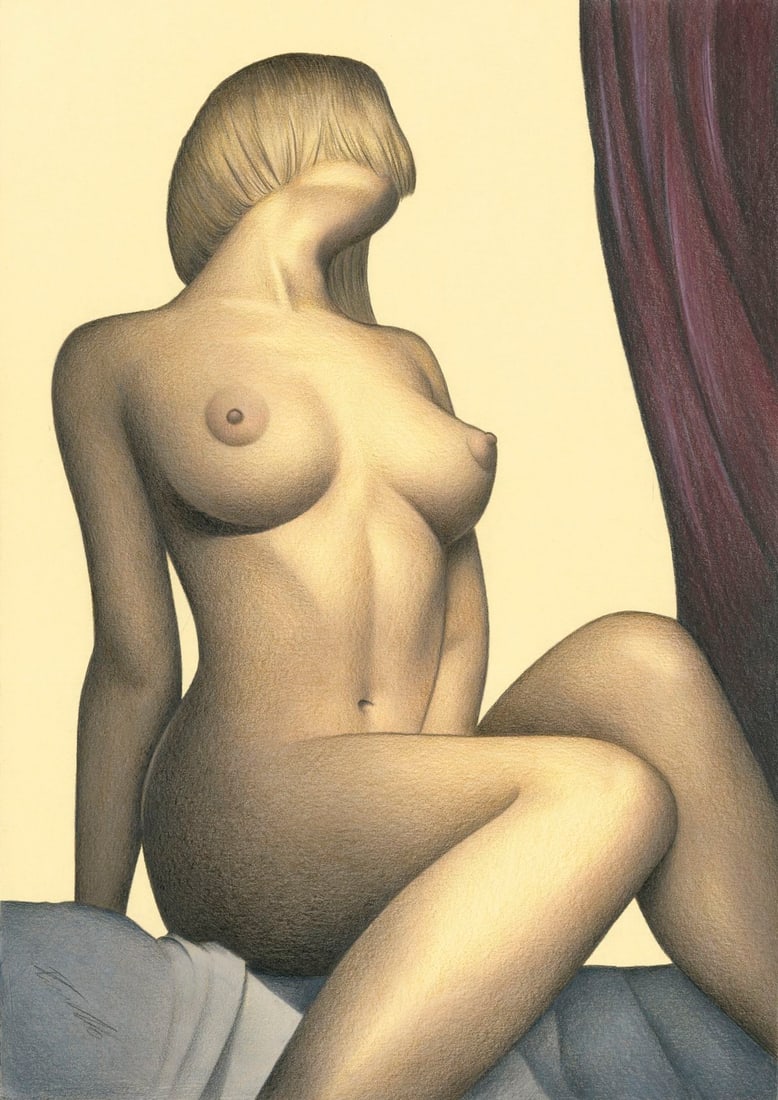 Rene Prudlo (German,b 1974) colored pencil painting: ARTIST: Rene Prudlo (Germany, born 1974) TITLE: Seated Nude MEDIUM: colored pencil on heavy paper CONDITION: Very good. ART SIZE: 12 x 8 inches / 30 x 20
