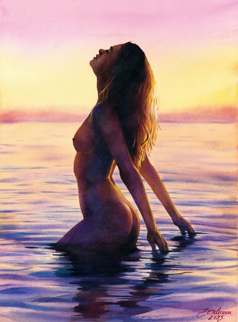 Anastasia Serdnova (Ukraine,b 1994) watercolor painting: ARTIST: Anastasia Serdnova (Ukrainian, born 1994) TITLE: Bathing Nude MEDIUM: watercolor on heavy paper CONDITION: Few small faint scratches. ART SIZE: 1