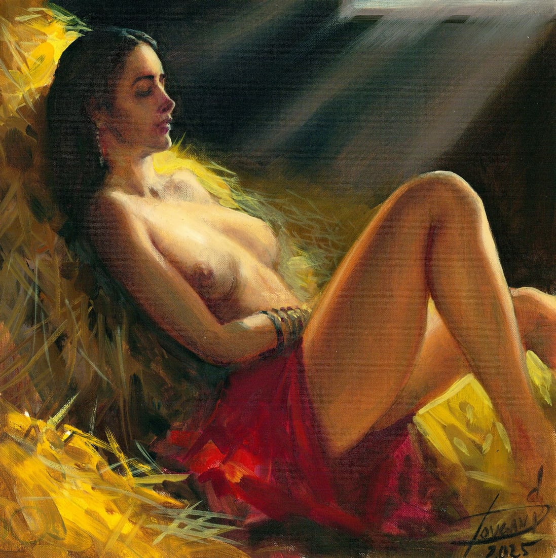 Sergey Dovgan (Ukraine,b 1976) oil painting: ARTIST: Sergey Dovgan (Ukrainian, born 1976) TITLE: Reclining Nude MEDIUM: oil on heavy paper CONDITION: Very good. No visible inpaint under UV light. ART SIZE:</