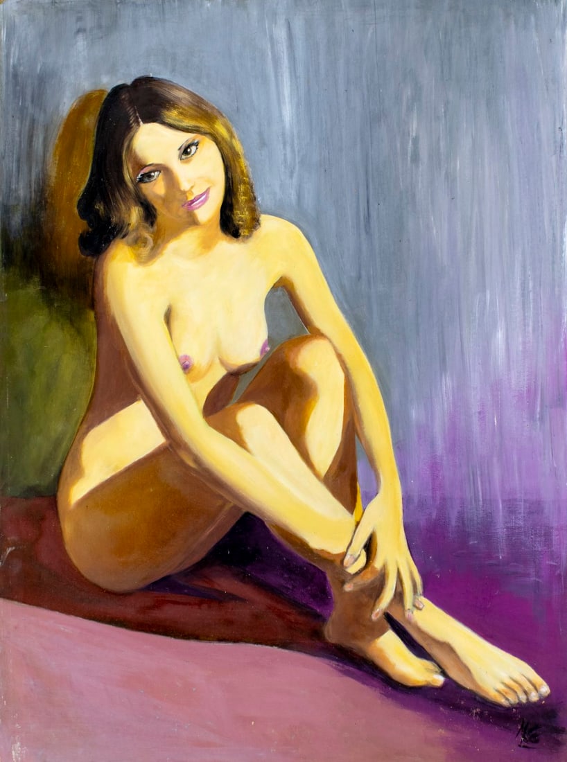 Marc Olivier Gregoire (France,1897-1991) oil painting: ARTIST: Marc Olivier Gregoire (French, 1897 - 1991) TITLE: Seated Nude MEDIUM: oil on board CONDITION: Some small damages to corners. Some scratches/paint losses. No visib
