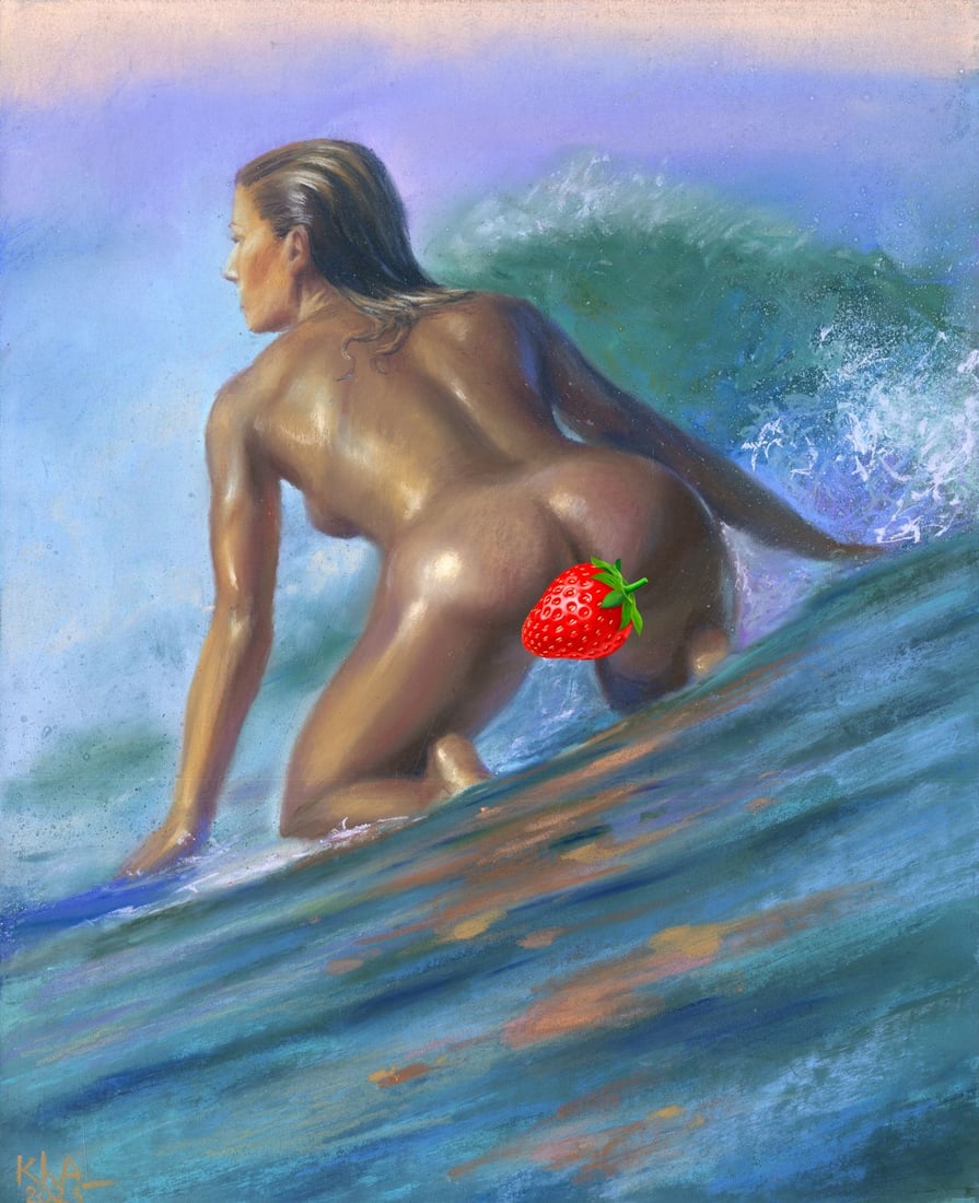Elena Khafuz (Ukraine,b 1991) pastel painting: ARTIST: Elena Khafuz (Ukrainian, born 1991) TITLE: Nude Surfer MEDIUM: pastel on paper CONDITION: Very good. ART SIZE: 11 x 9 inches / 27 x 22 cm