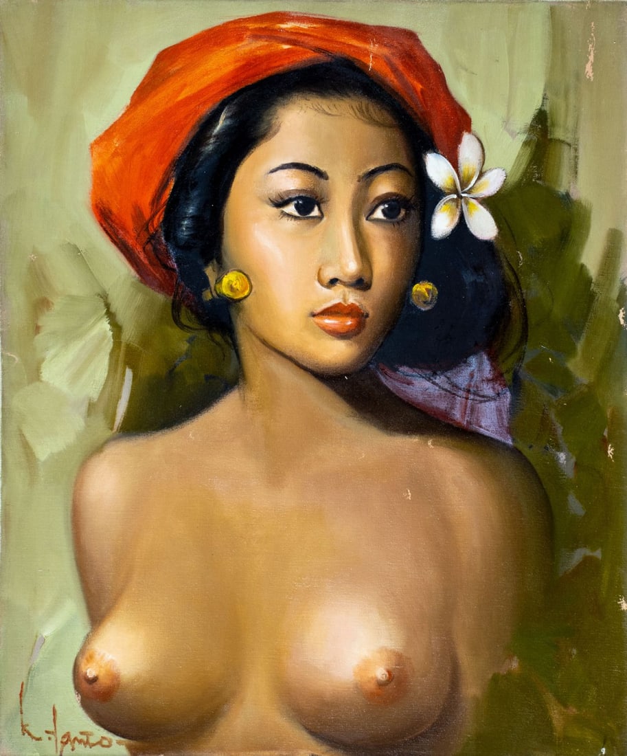 K Tanto (Indonesia,20C) oil painting: ARTIST: K Tanto (Indonesian, 20 century) TITLE: Female Semi Nude MEDIUM: oil on canvas CONDITION: Unstretched (In-House stretching available). Some scratches/paint losses.