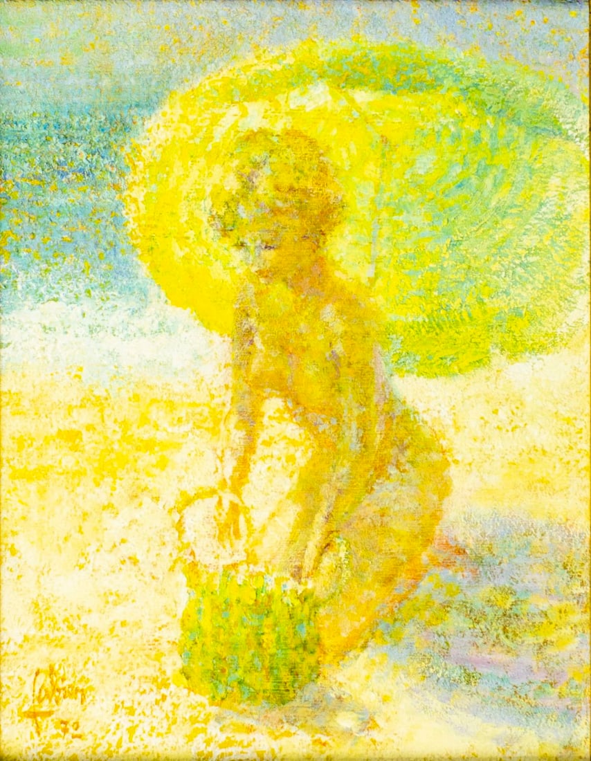 Louis Fabien (US,French,1924-?) oil painting: ARTIST: Louis P Fabien (United States, Belgium, France, 1924 - ???) TITLE: Nude with Parasol YEAR: 1972 MEDIUM: oil on canvas CONDITION: Very good. No