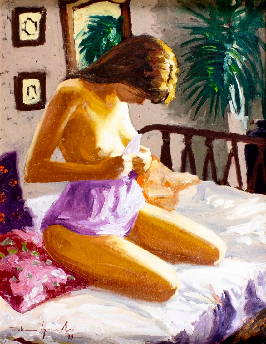 Vintage 20C Brazilian oil painting signed: ARTIST: - (Brazil, 20 century) TITLE: Kneeling Nude YEAR: 1989 MEDIUM: oil on canvas CONDITION: Very good. No visible inpaint under UV light.