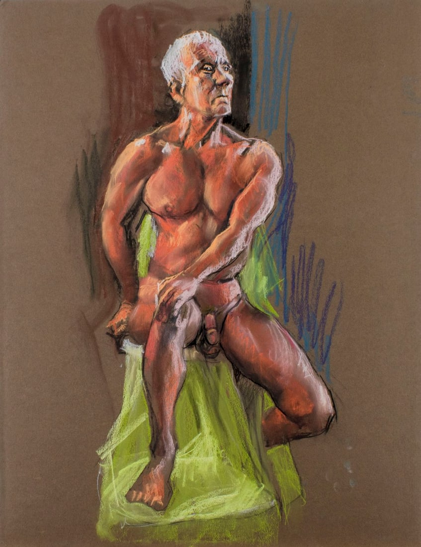 Karl Foster (PA,b 1933) pastel painting: ARTIST: Karl Foster (Pennsylvania, born 1933) TITLE: Seated Male Nude MEDIUM: pastel on heavy paper CONDITION: Very good. ART SIZE: 26 x 20 inches / 66 x