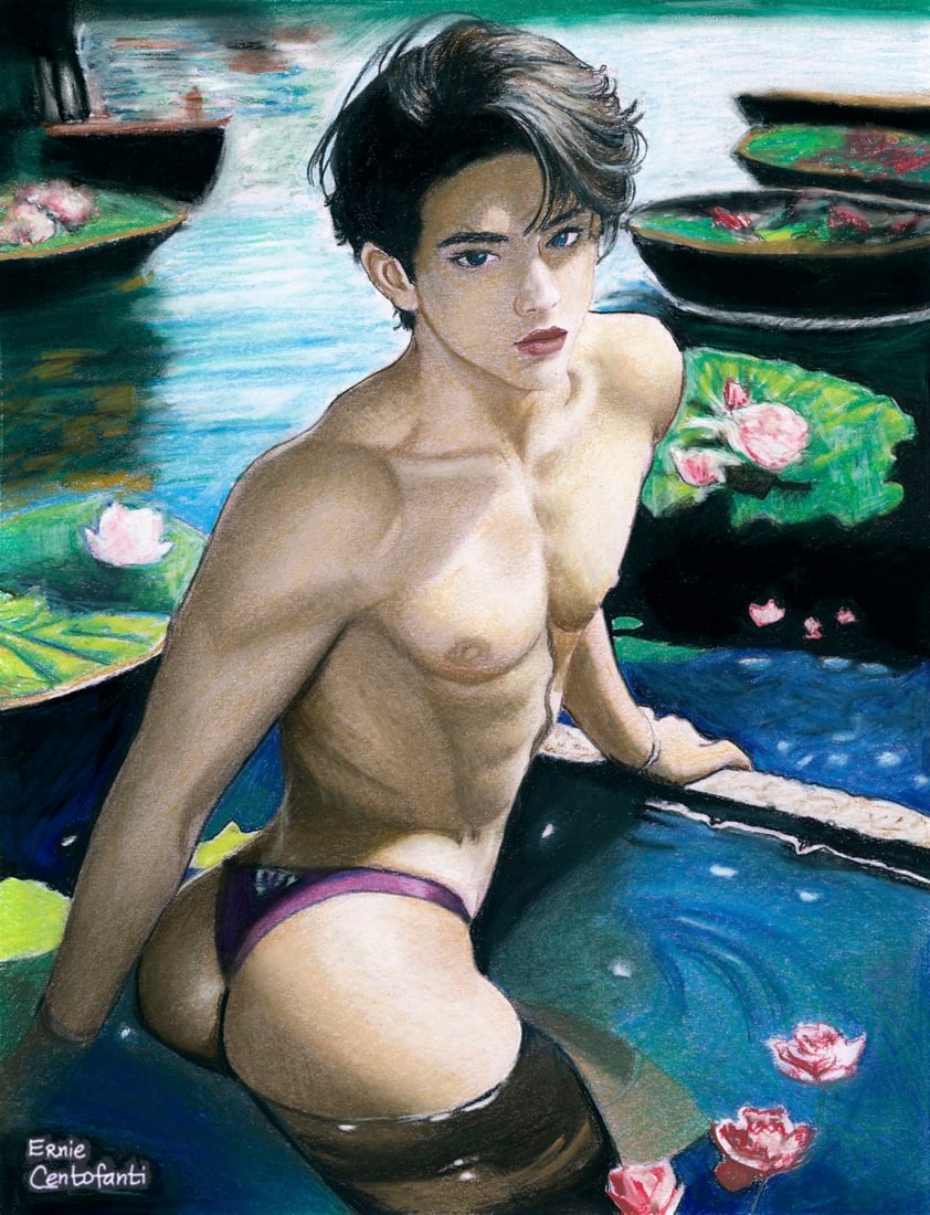 Ernie Centofanti (CA,b 1956) pastel painting: ARTIST: Ernie Centofanti (California, born 1956) TITLE: Male Nude MEDIUM: pastel on paper CONDITION: Very good. ART SIZE: 13 x 10 inches / 33 x 25 cm