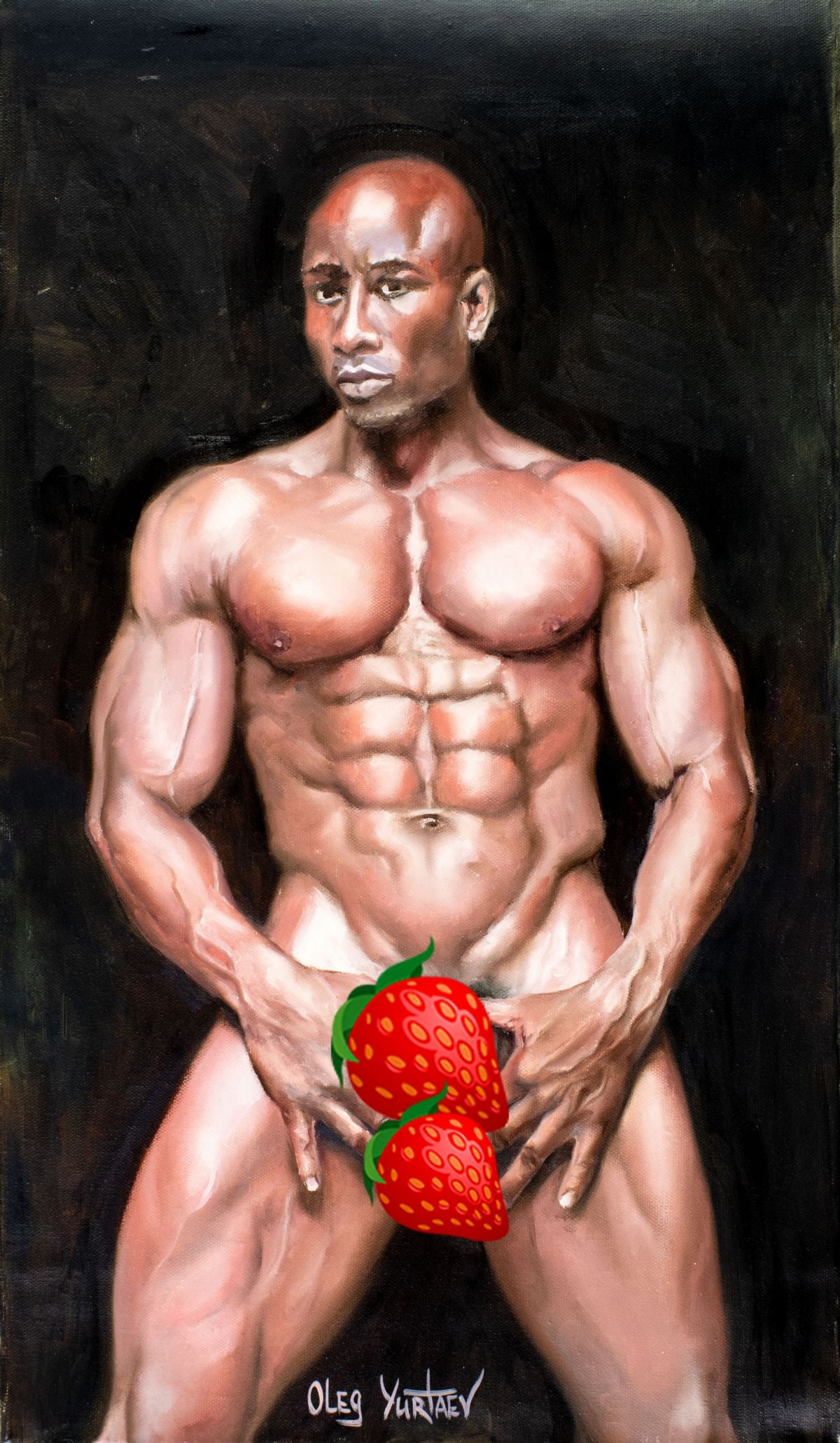 Oleg Yurtaev (Russia,b 1981) oil painting: ARTIST: Oleg Yurtaev (Russian, born 1981) TITLE: Male Nude - Did You See That? (titled on verso) MEDIUM: oil on canvas CONDITION: Unstretched (In-House stretching available)