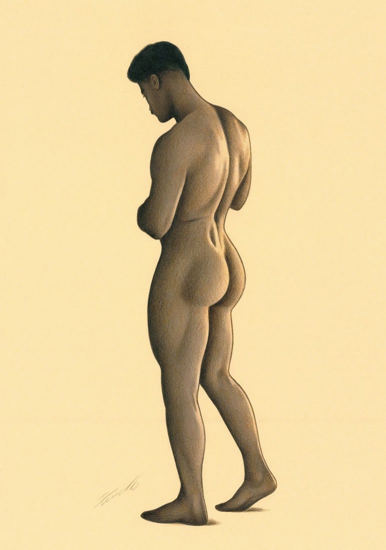 Rene Prudlo (German,b 1974) colored pencil painting: ARTIST: Rene Prudlo (Germany, born 1974) TITLE: Male Nude MEDIUM: colored pencil on heavy paper CONDITION: Very good. ART SIZE: 12 x 8 inches / 30 x 20 c