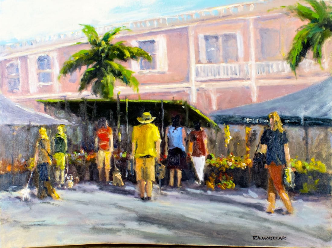 Robert Waltsak (NJ,b 1944) oil painting: ARTIST: Robert Alan Waltsak (New Jersey, born 1944) TITLE: Market Scene MEDIUM: oil on canvas CONDITION: Very good. No visible inpaint under UV light. ART SIZE:</